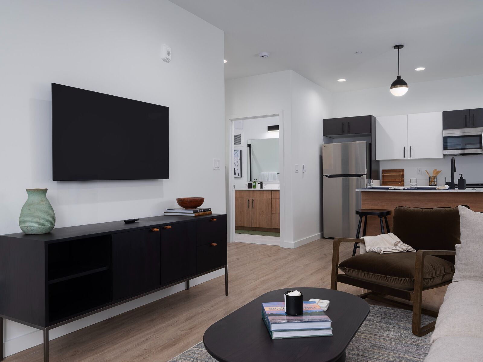 Living area of a one bedroom apartment at Teton Flats